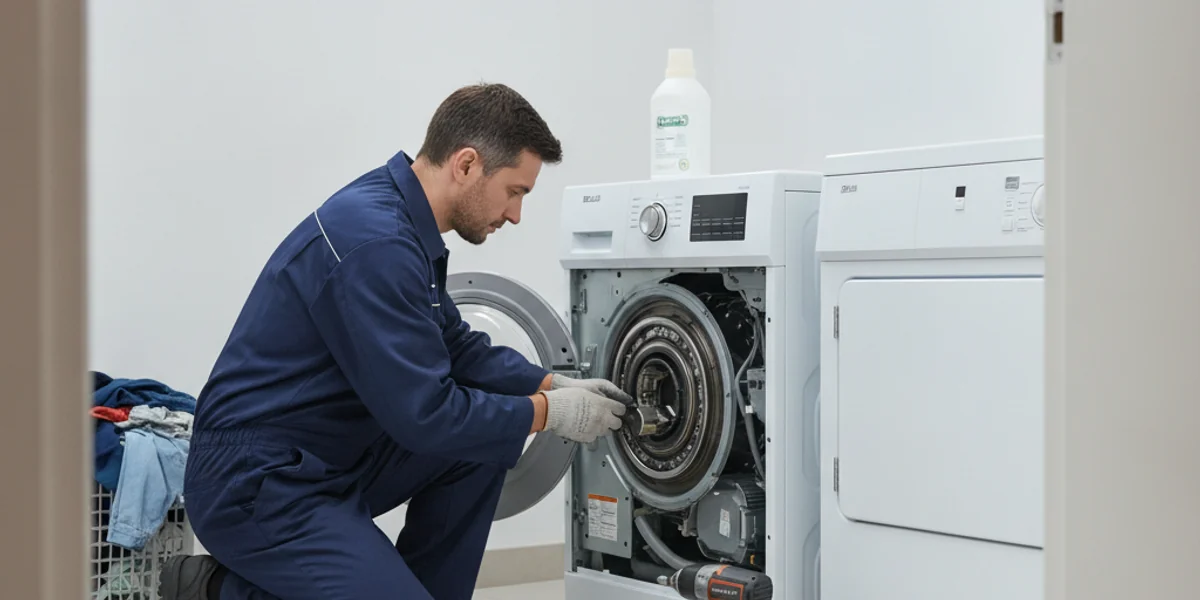 Appliance technician repairing a washing machine in Austin